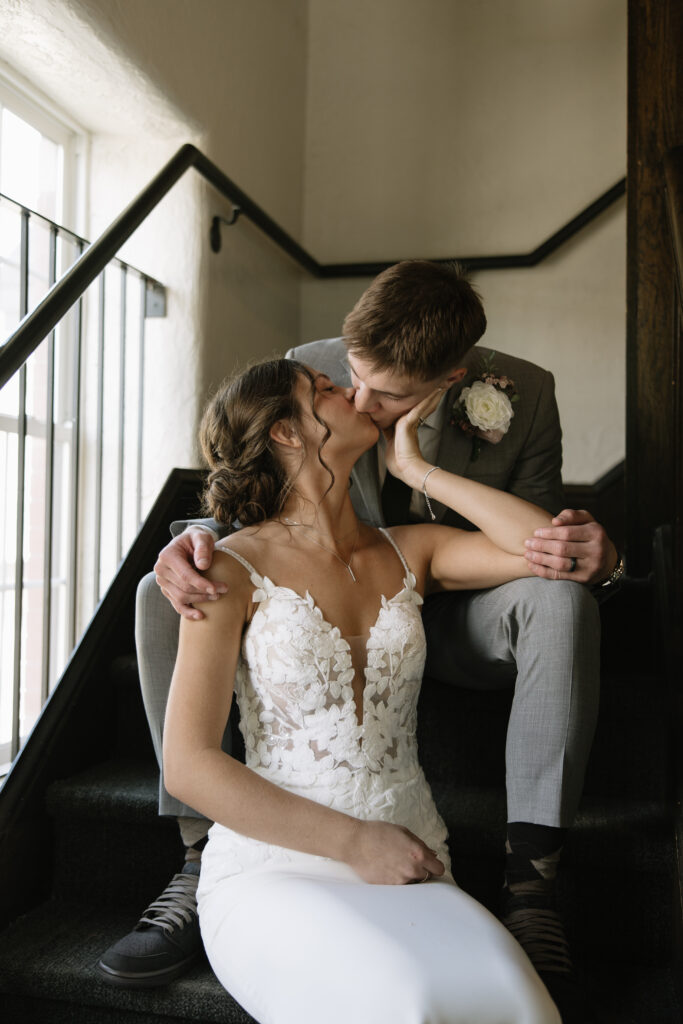 Bride and Groom portrait on the stairs.